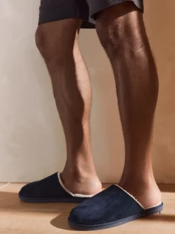 Navy Microsuede Mule Slippers