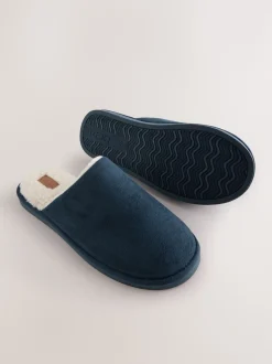 Navy Microsuede Mule Slippers