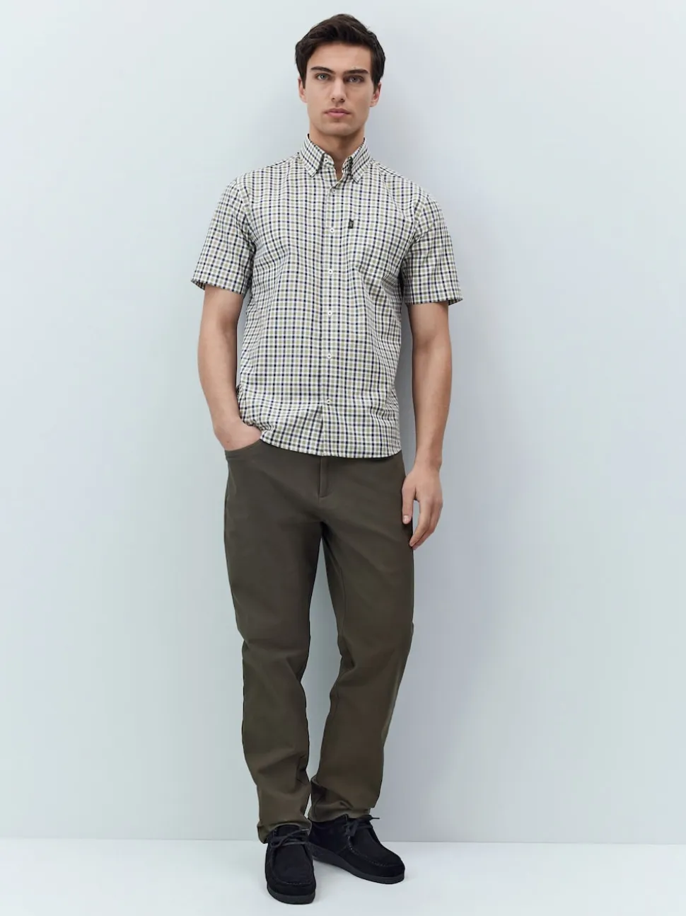 Navy/ Neutral Gingham Check Easy Iron Button Down Short Sleeve Oxford Shirt