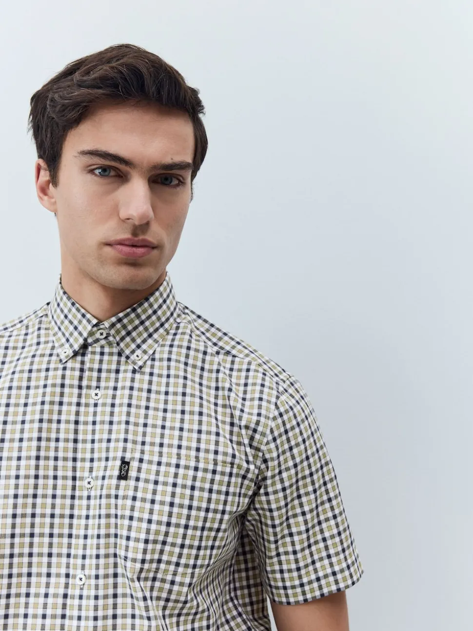 Navy/ Neutral Gingham Check Easy Iron Button Down Short Sleeve Oxford Shirt