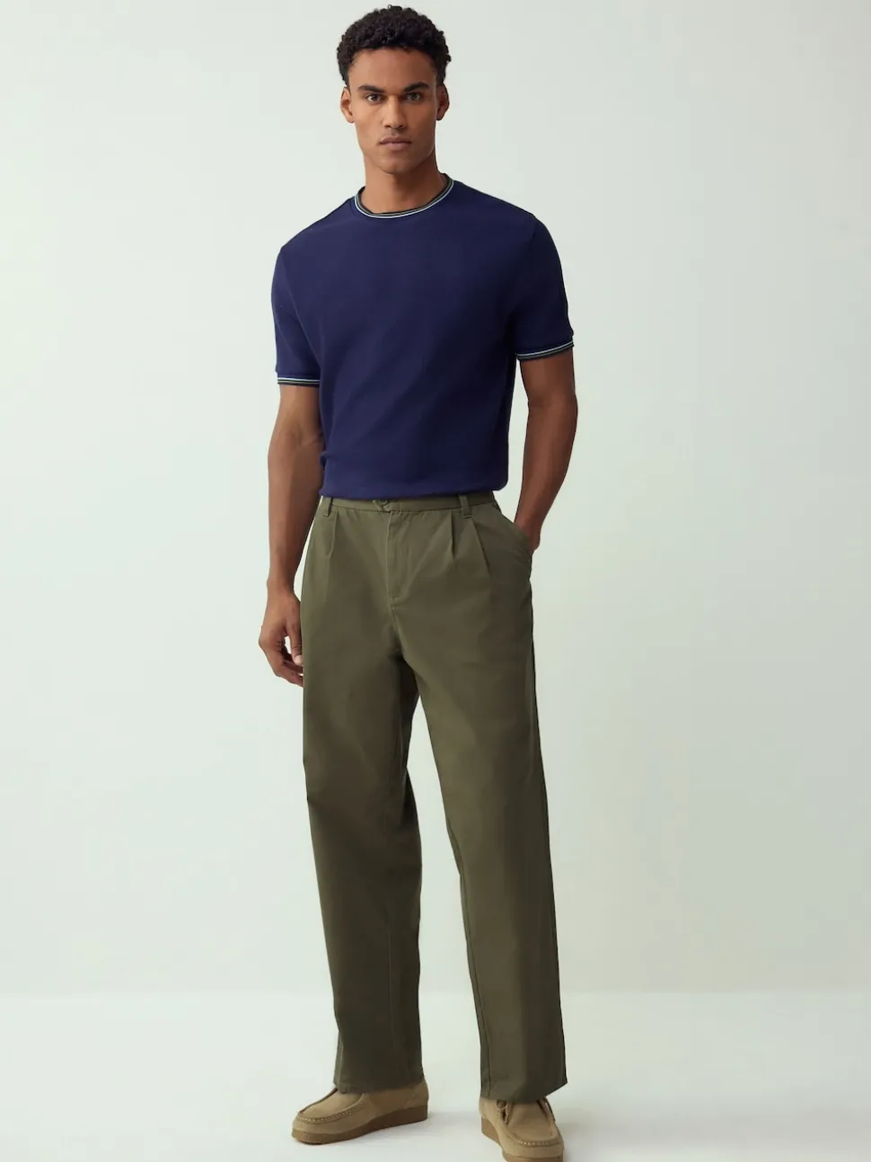 Navy Regular Fit & 100% Cotton Textured Tipped T-Shirt