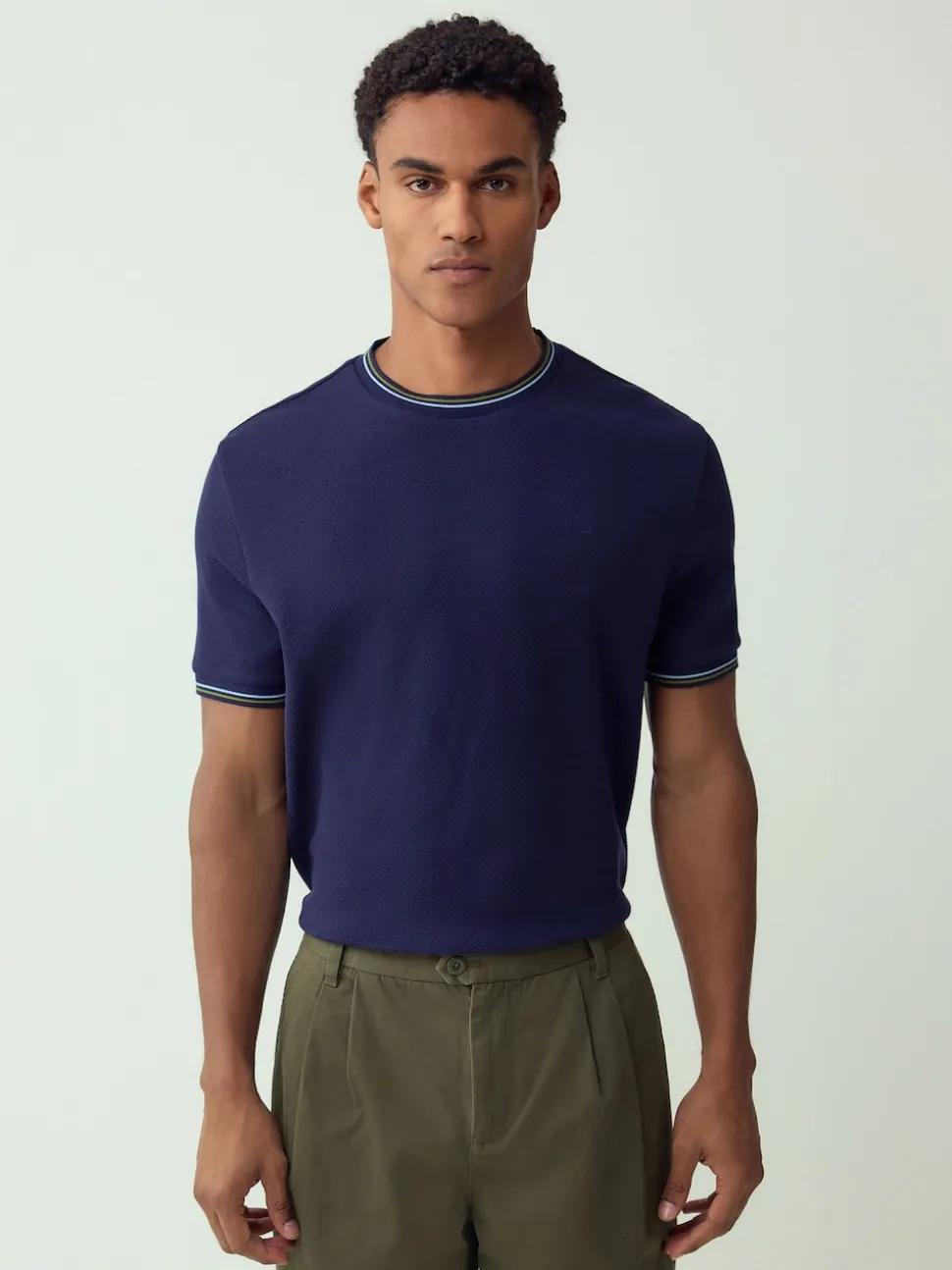Navy Regular Fit & 100% Cotton Textured Tipped T-Shirt