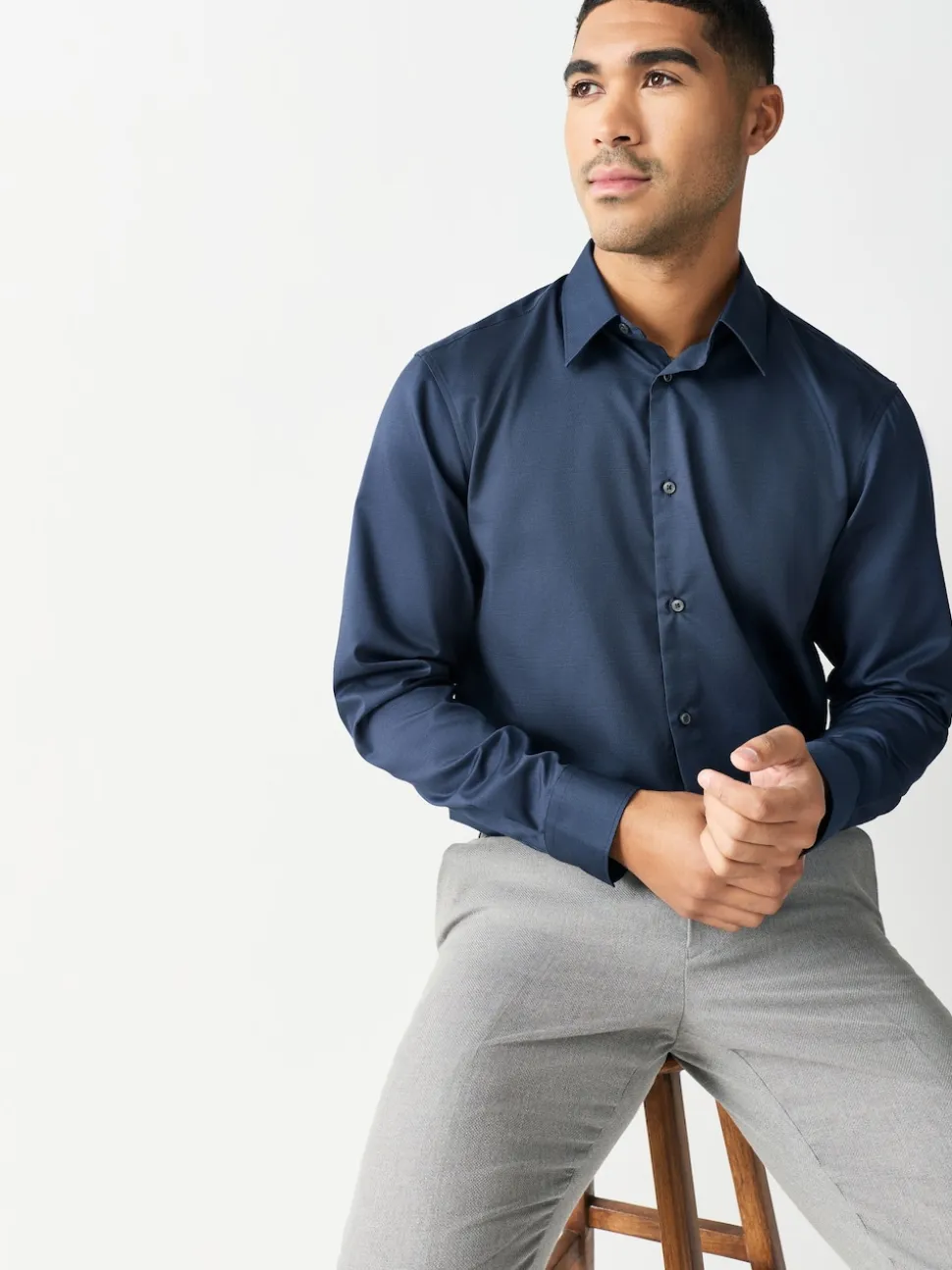 Navy Regular Fit Easy Care Textured Single Cuff Smart Shirt