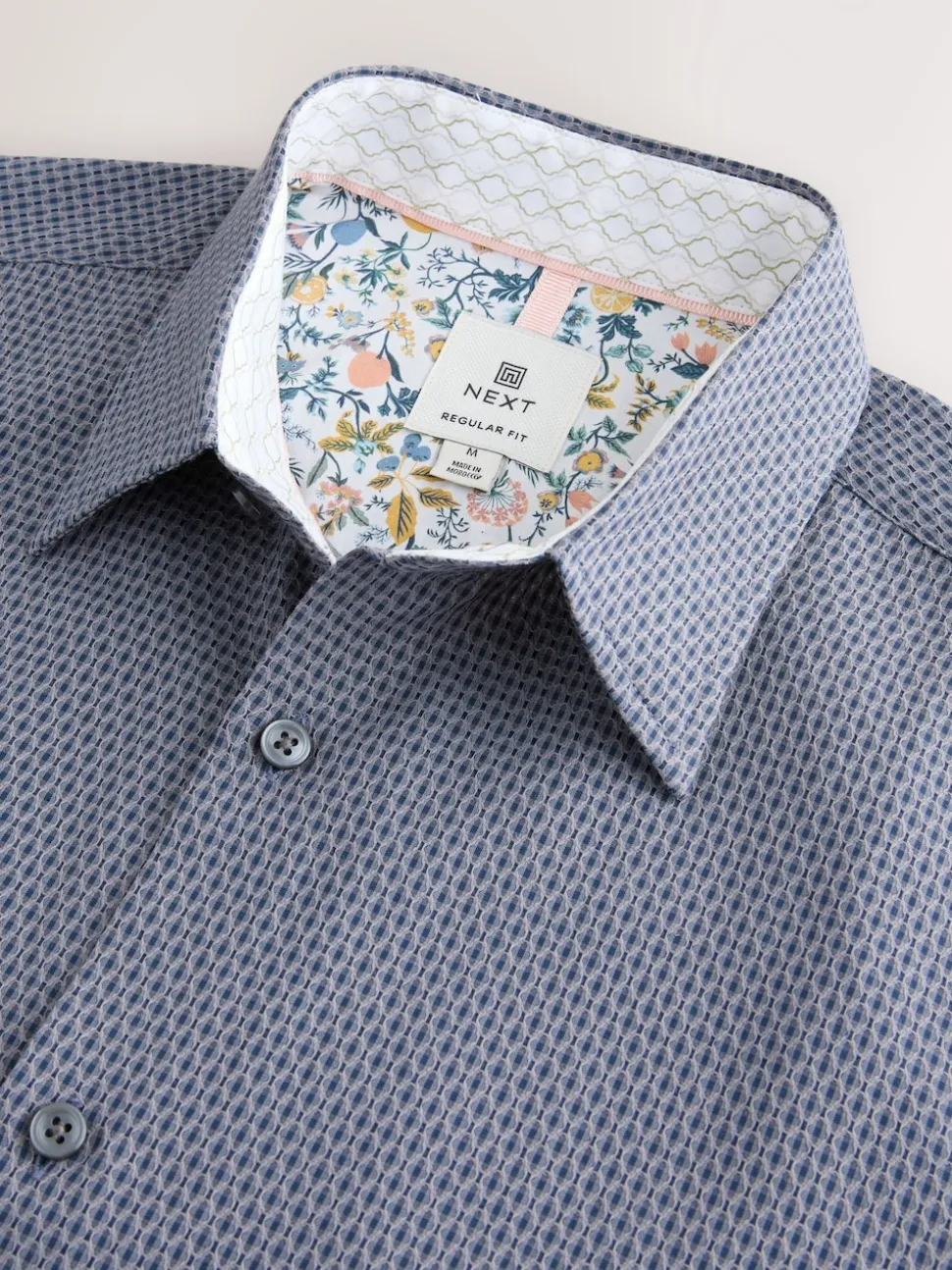 Navy Regular Fit Regular Fit Cotton Rich Trimmed Textured Short Sleeve Smart Shirt