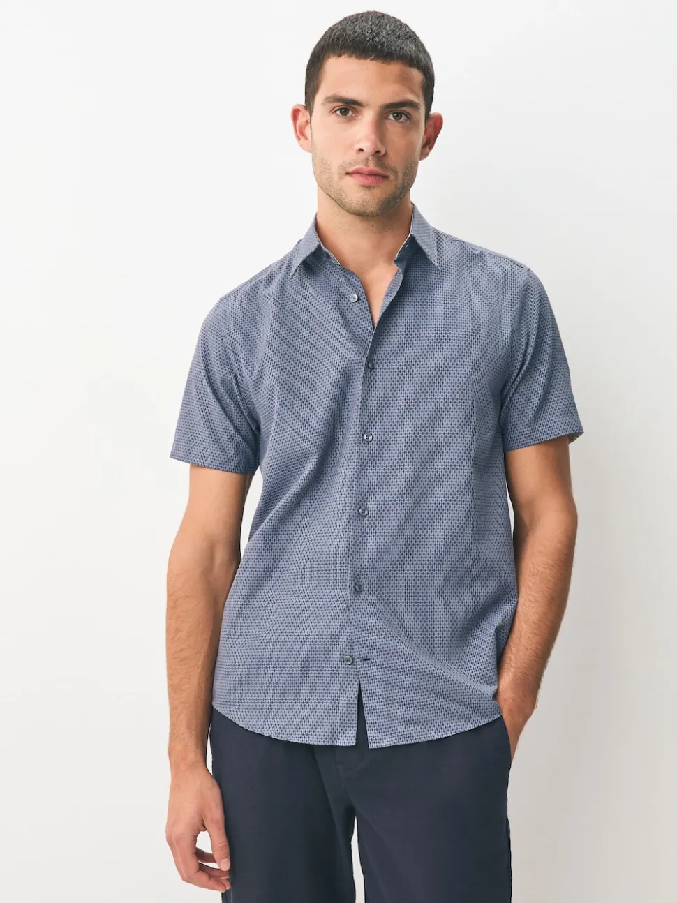 Navy Regular Fit Regular Fit Cotton Rich Trimmed Textured Short Sleeve Smart Shirt