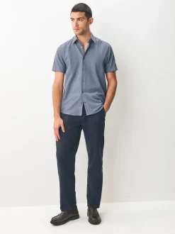 Navy Regular Fit Regular Fit Cotton Rich Trimmed Textured Short Sleeve Smart Shirt