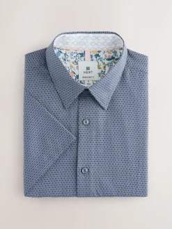 Navy Regular Fit Regular Fit Cotton Rich Trimmed Textured Short Sleeve Smart Shirt