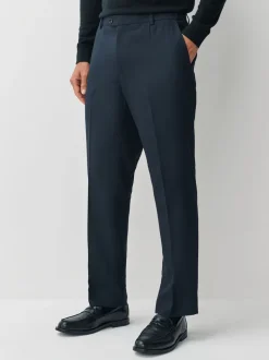 Navy Regular Fit Smart Textured Trousers With Stretch Waistband