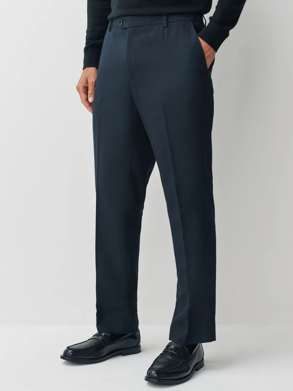 Navy Regular Fit Smart Textured Trousers With Stretch Waistband