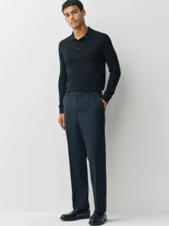 Navy Regular Fit Smart Textured Trousers With Stretch Waistband