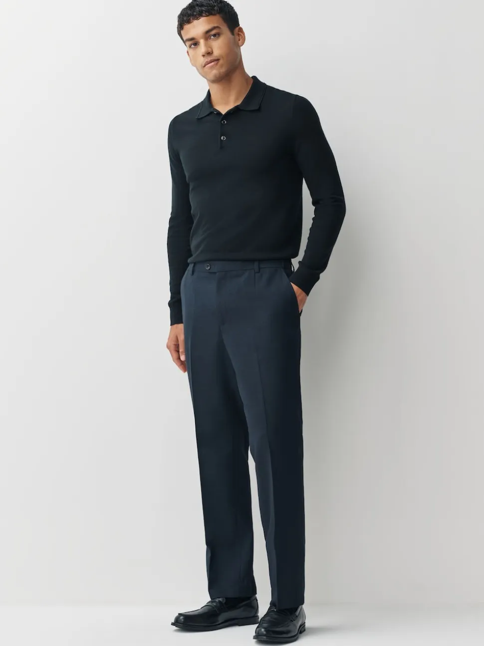 Navy Regular Fit Smart Textured Trousers With Stretch Waistband