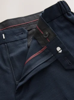 Navy Regular Fit Smart Textured Trousers With Stretch Waistband