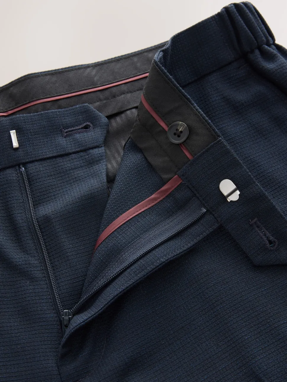 Navy Regular Fit Smart Textured Trousers With Stretch Waistband