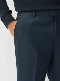 Navy Regular Fit Smart Textured Trousers With Stretch Waistband