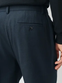 Navy Regular Fit Smart Textured Trousers With Stretch Waistband