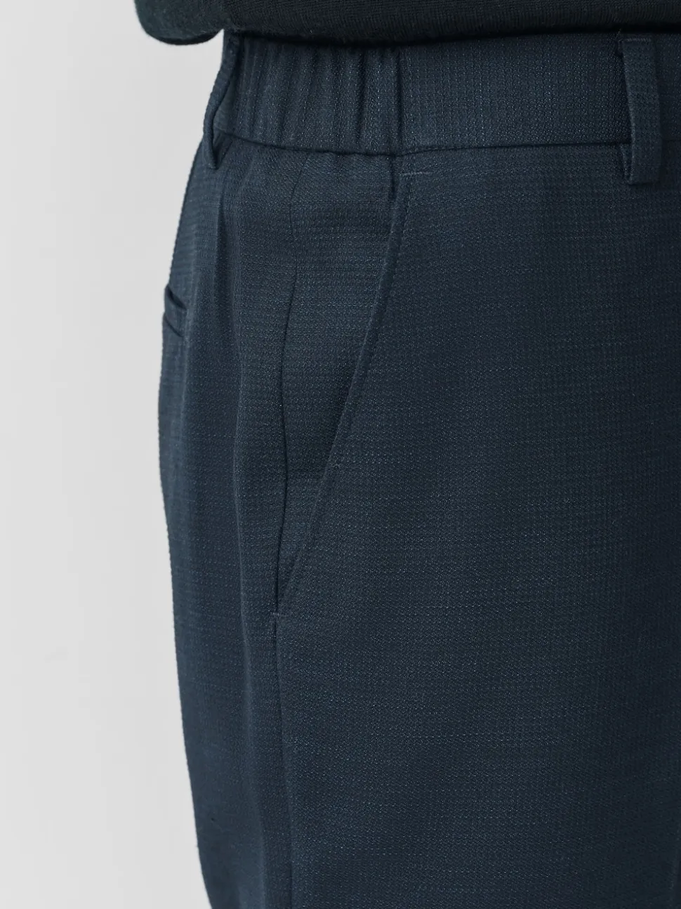 Navy Regular Fit Smart Textured Trousers With Stretch Waistband