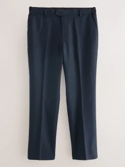 Navy Regular Fit Smart Textured Trousers With Stretch Waistband