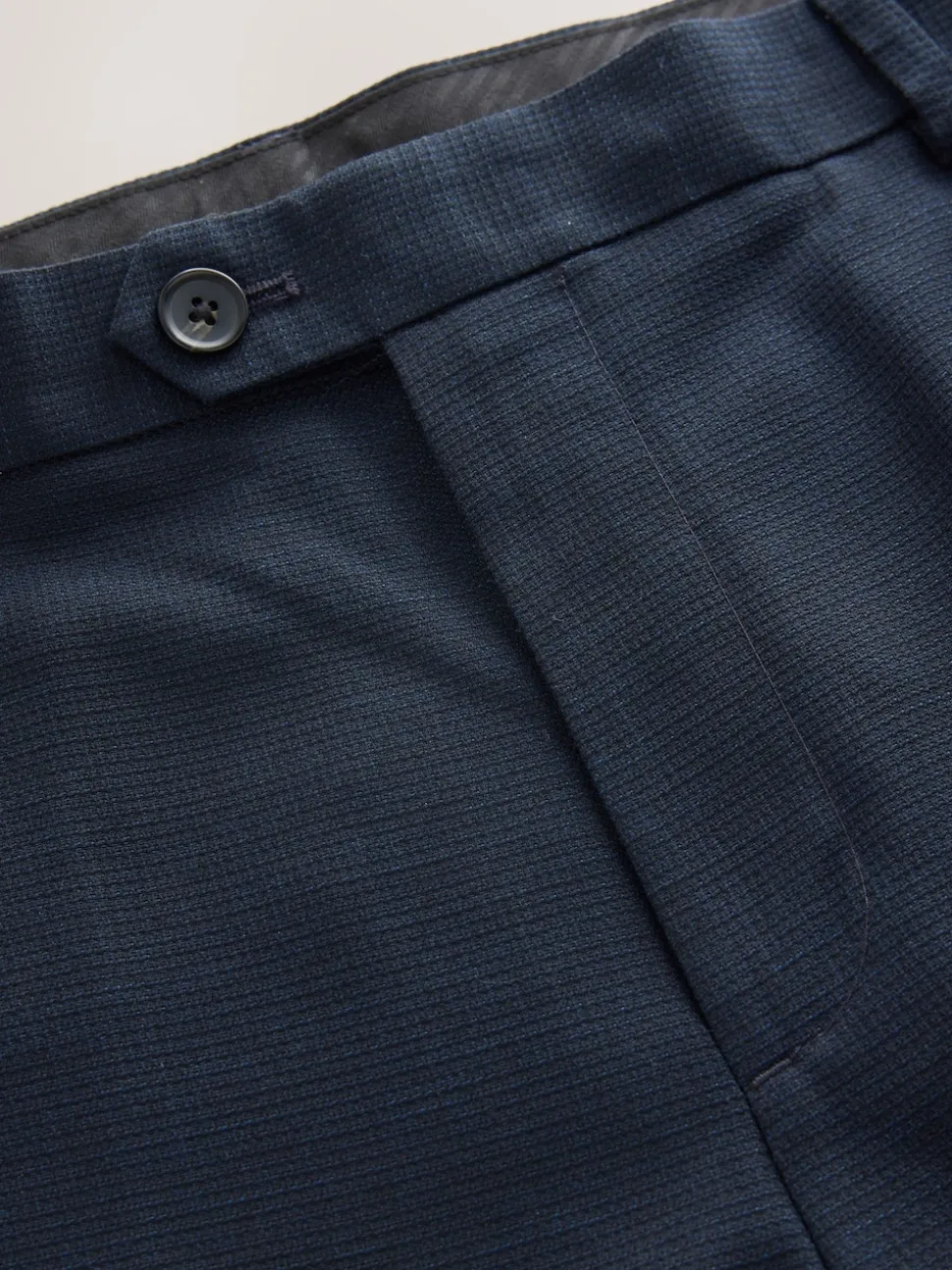 Navy Regular Fit Smart Textured Trousers With Stretch Waistband