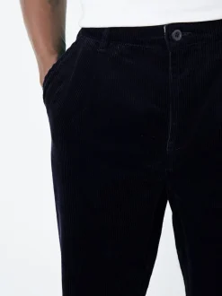 Navy Regular Tapered Fit Corduroy Single Pleated Trousers