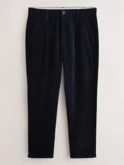 Navy Regular Tapered Fit Corduroy Single Pleated Trousers