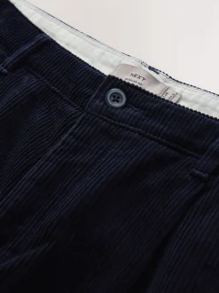 Navy Regular Tapered Fit Corduroy Single Pleated Trousers