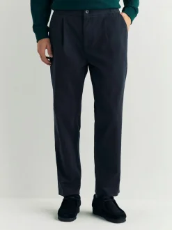 Navy Regular Tapered Fit Pleated Stretch Chinos Trousers With Elasticated Waist
