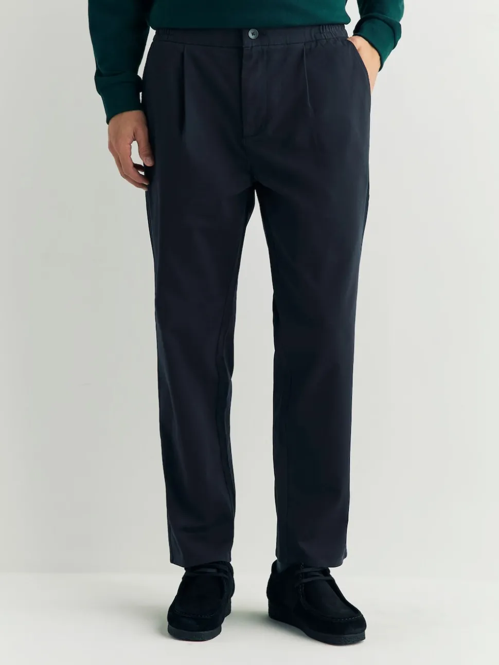 Navy Regular Tapered Fit Pleated Stretch Chinos Trousers With Elasticated Waist