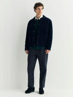 Navy Regular Tapered Fit Pleated Stretch Chinos Trousers With Elasticated Waist