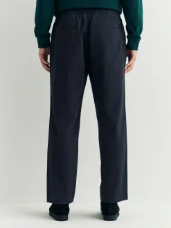 Navy Regular Tapered Fit Pleated Stretch Chinos Trousers With Elasticated Waist