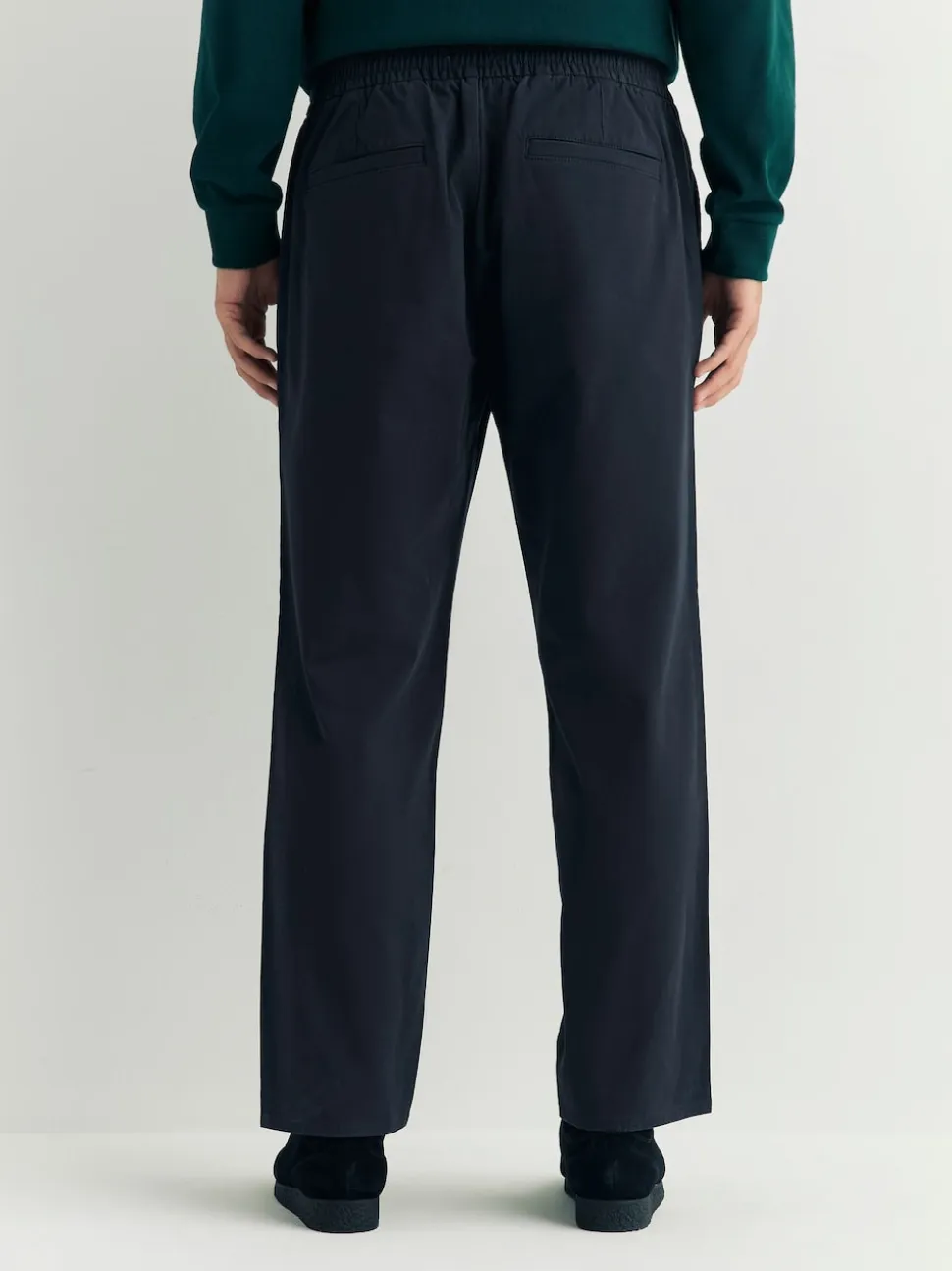 Navy Regular Tapered Fit Pleated Stretch Chinos Trousers With Elasticated Waist
