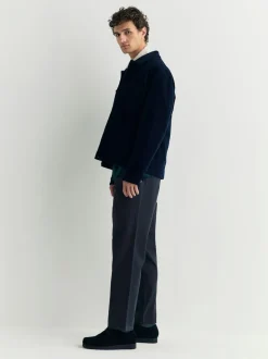 Navy Regular Tapered Fit Pleated Stretch Chinos Trousers With Elasticated Waist