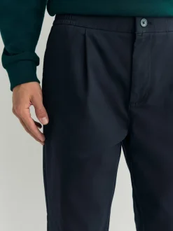 Navy Regular Tapered Fit Pleated Stretch Chinos Trousers With Elasticated Waist