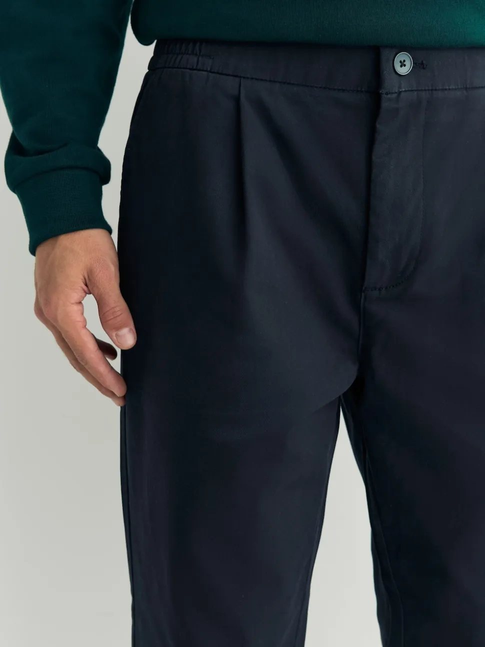 Navy Regular Tapered Fit Pleated Stretch Chinos Trousers With Elasticated Waist
