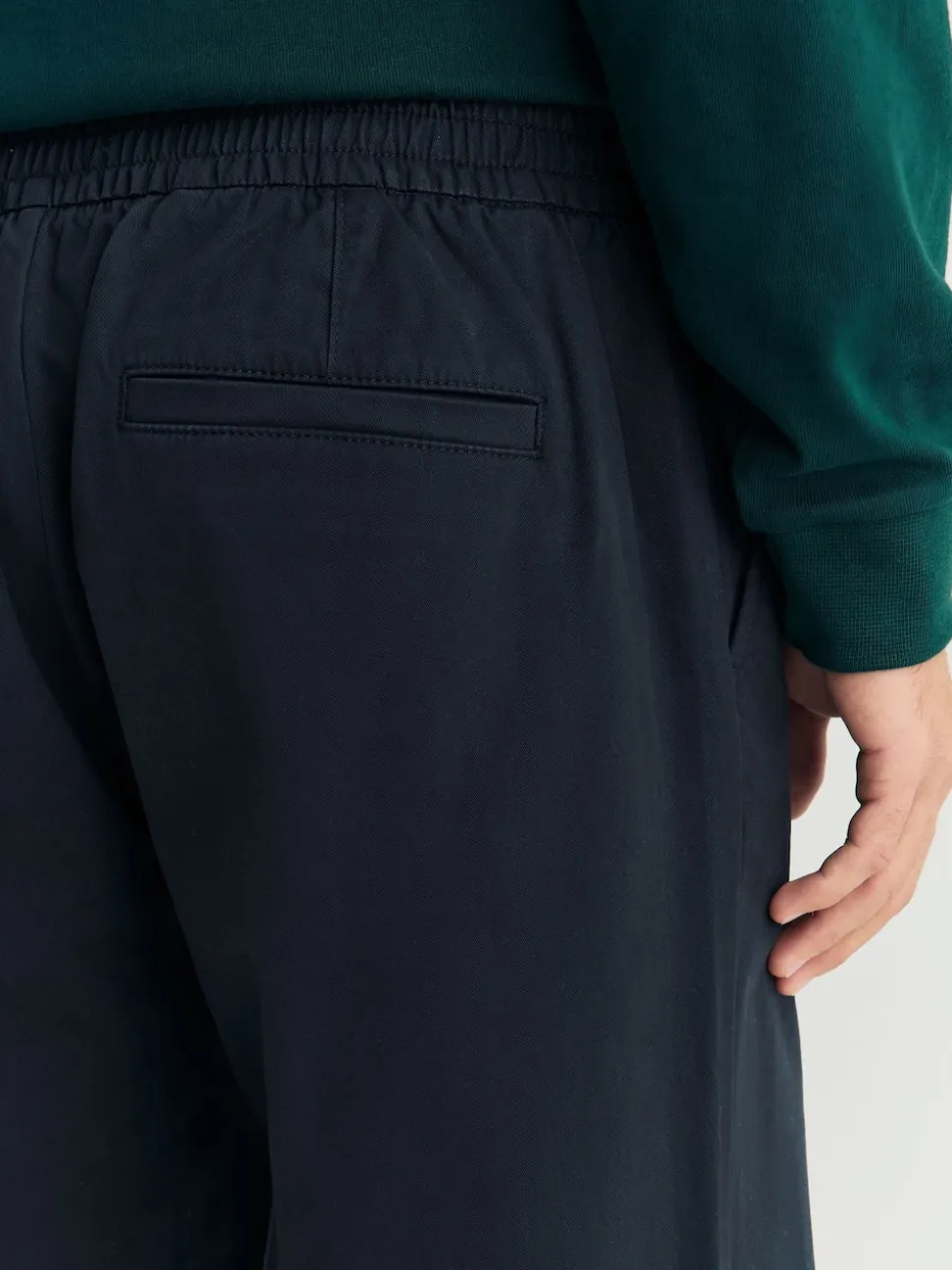 Navy Regular Tapered Fit Pleated Stretch Chinos Trousers With Elasticated Waist