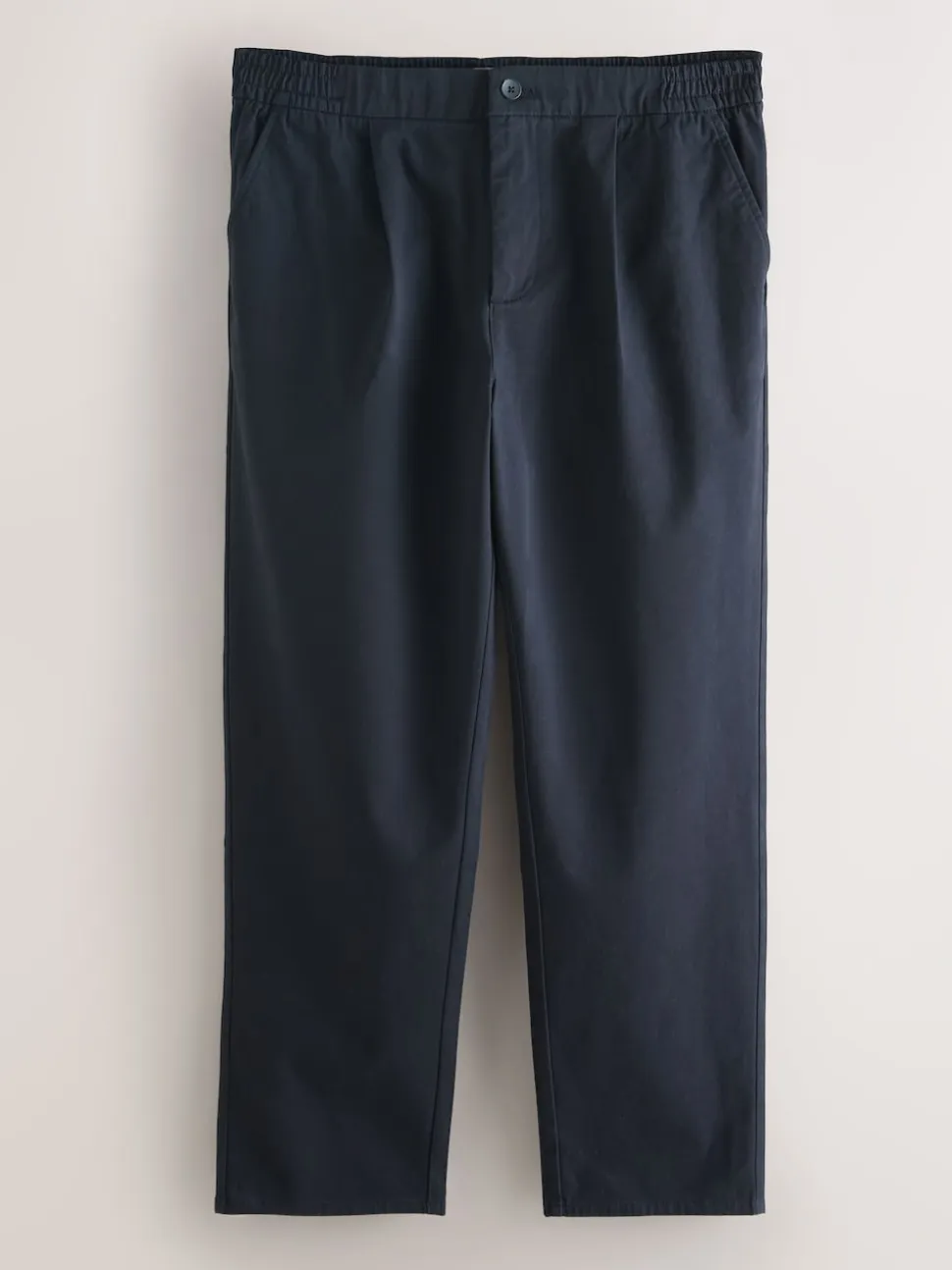 Navy Regular Tapered Fit Pleated Stretch Chinos Trousers With Elasticated Waist