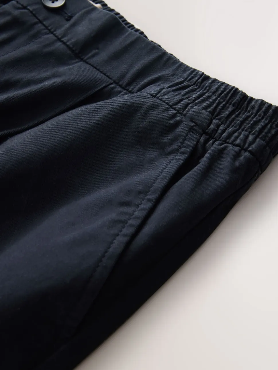 Navy Regular Tapered Fit Pleated Stretch Chinos Trousers With Elasticated Waist