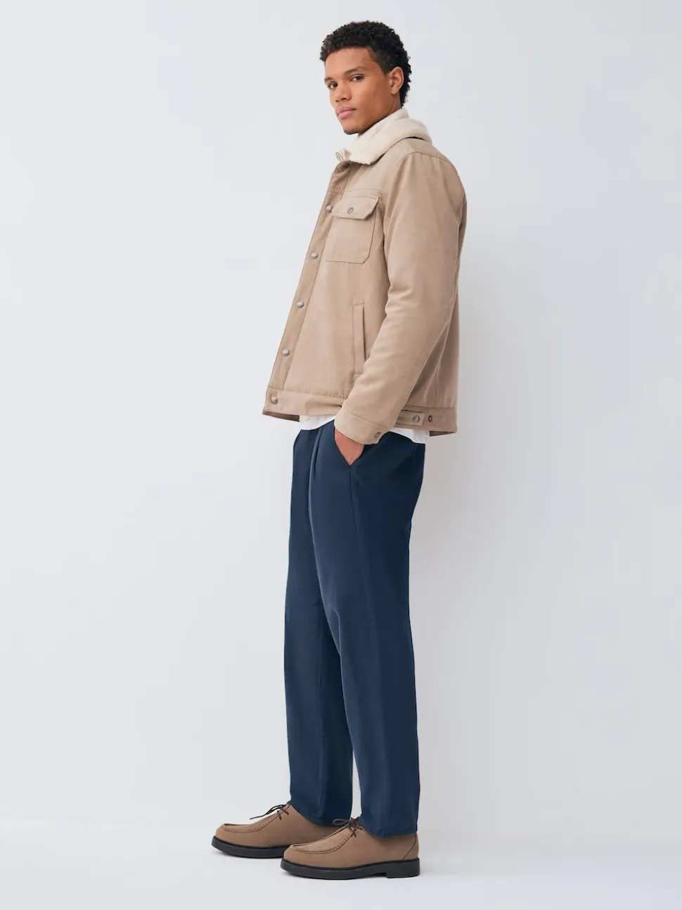 Navy Relaxed Tapered Fit Authentic Twin Pleated Textured Trousers