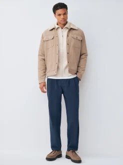 Navy Relaxed Tapered Fit Authentic Twin Pleated Textured Trousers
