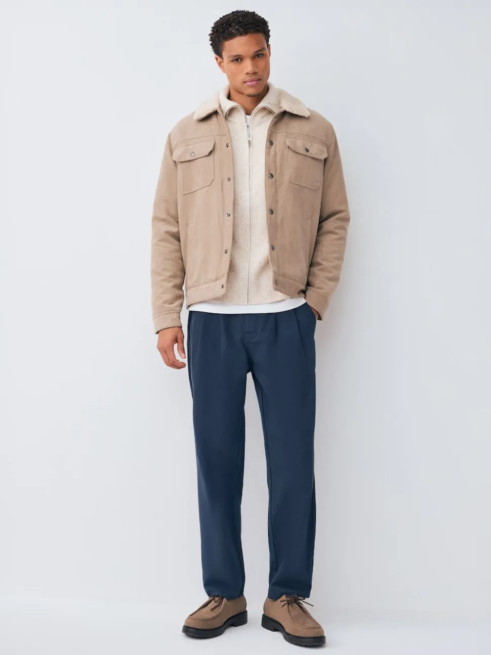 Navy Relaxed Tapered Fit Authentic Twin Pleated Textured Trousers