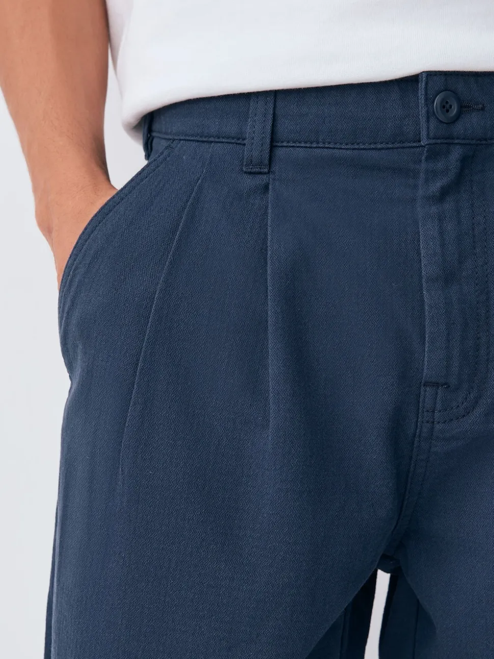 Navy Relaxed Tapered Fit Authentic Twin Pleated Textured Trousers