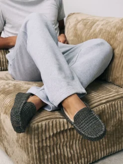 Navy Signature Harris Tweed Moccasin Slippers