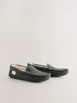 Navy Signature Harris Tweed Moccasin Slippers
