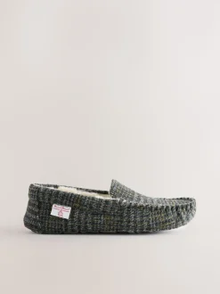 Navy Signature Harris Tweed Moccasin Slippers