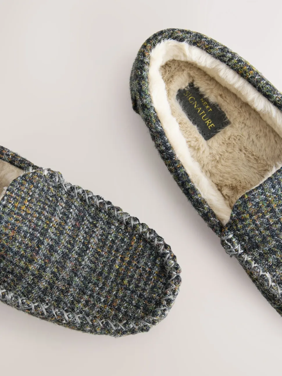 Navy Signature Harris Tweed Moccasin Slippers