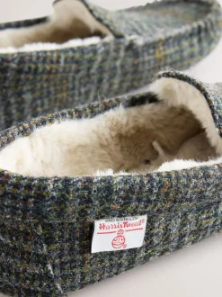 Navy Signature Harris Tweed Moccasin Slippers