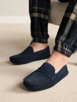 Navy Signature Suede Fabric Trim Moccasin Slippers