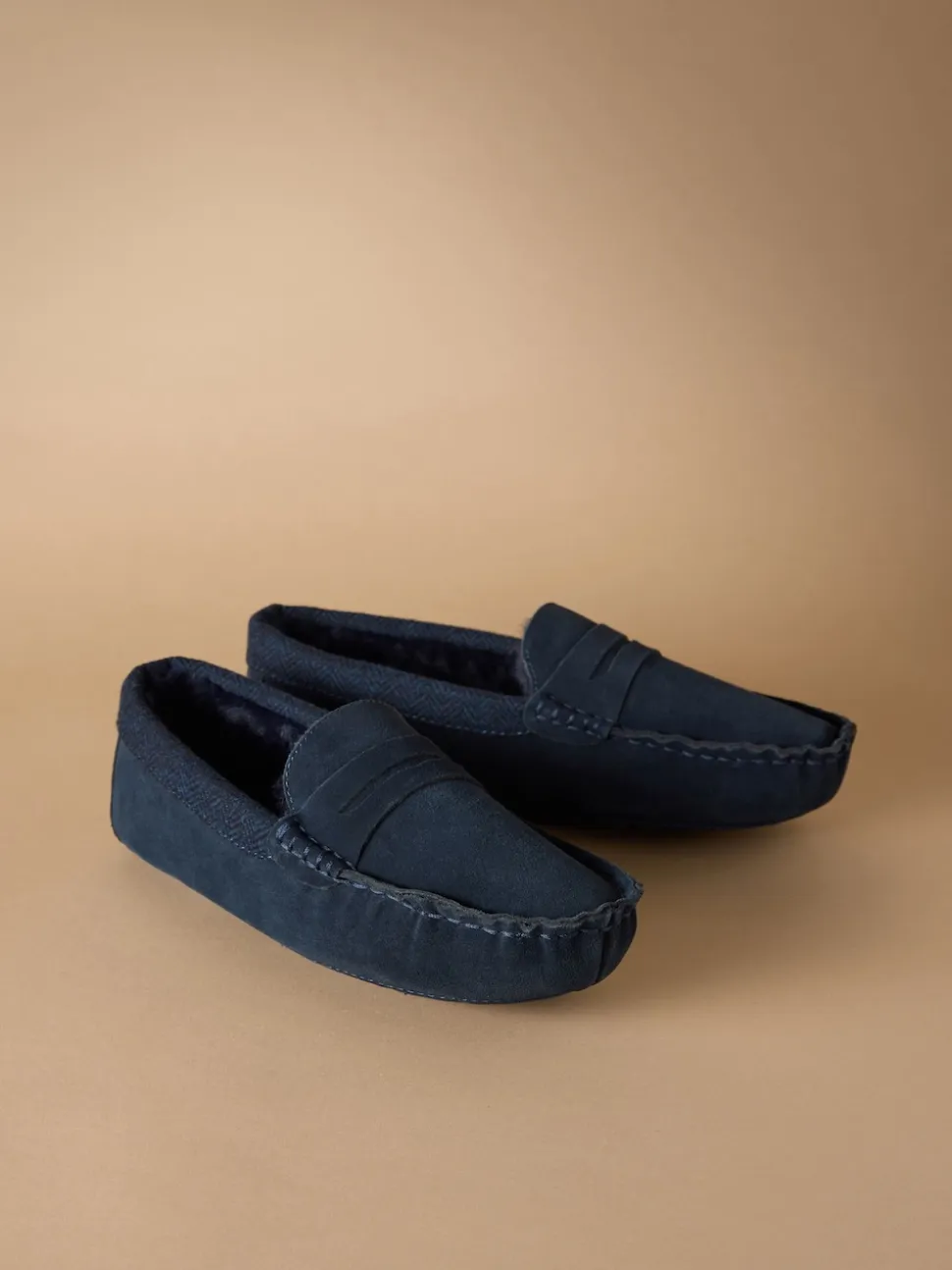 Navy Signature Suede Fabric Trim Moccasin Slippers