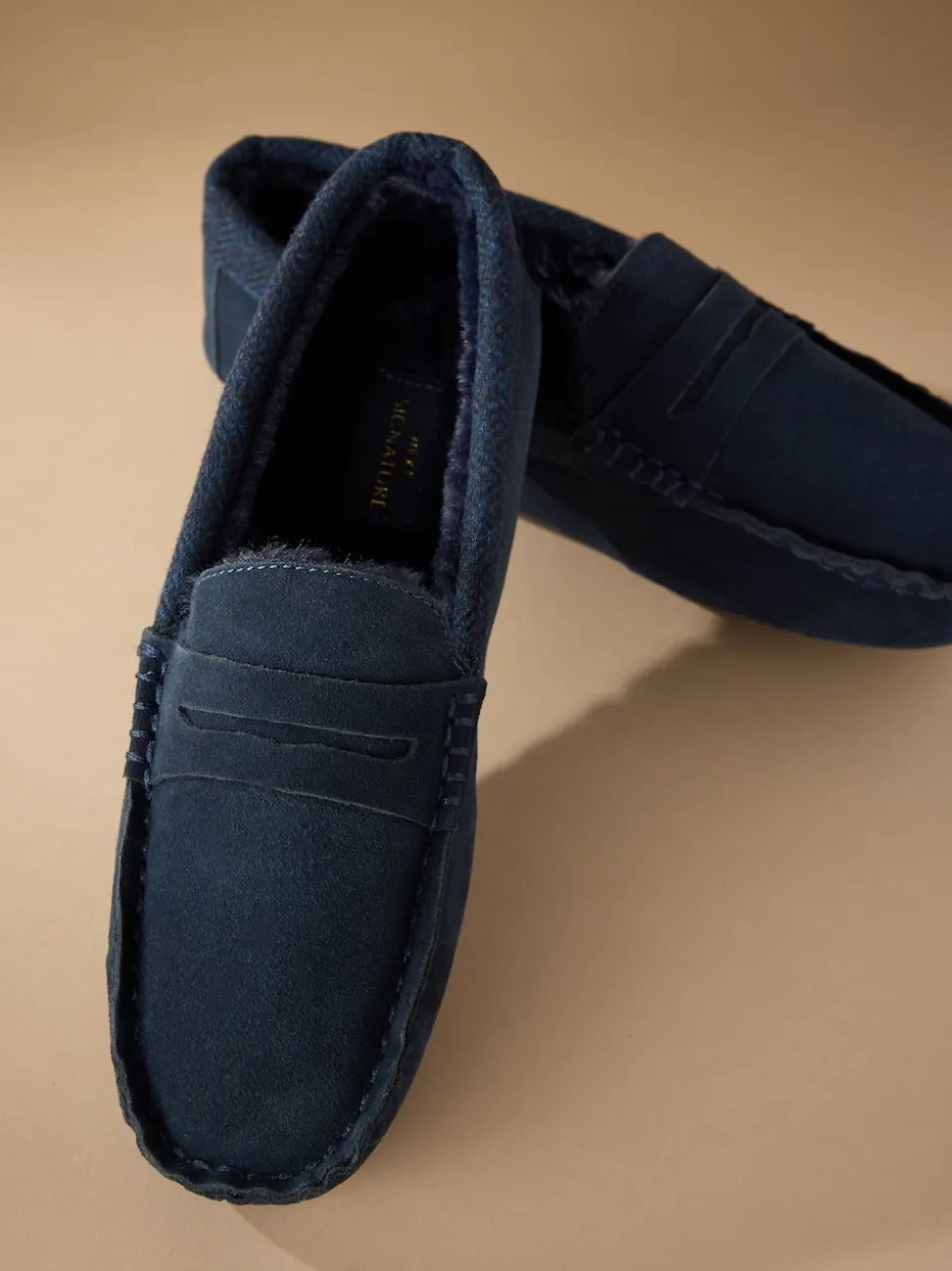 Navy Signature Suede Fabric Trim Moccasin Slippers