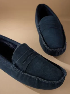 Navy Signature Suede Fabric Trim Moccasin Slippers