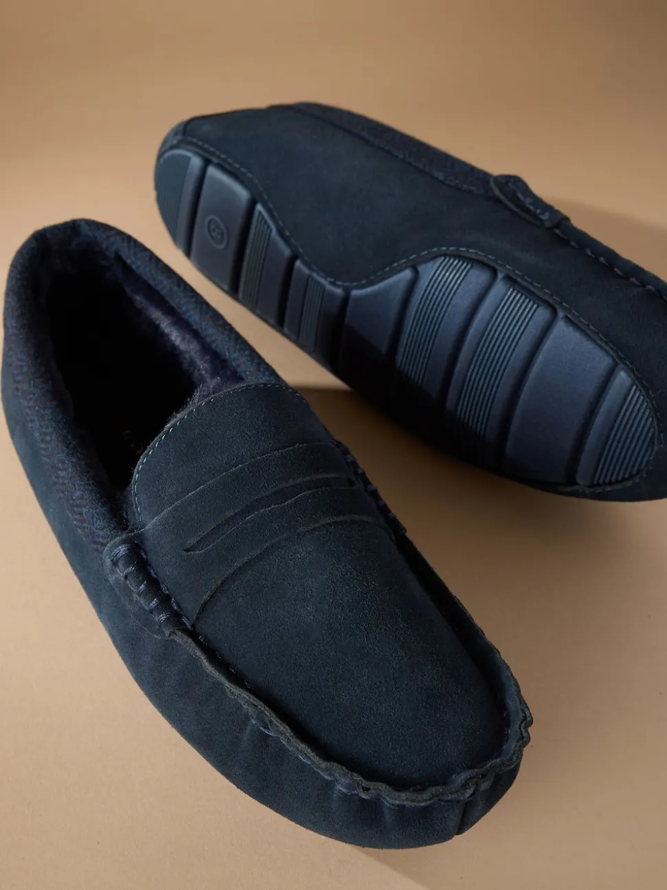 Navy Signature Suede Fabric Trim Moccasin Slippers